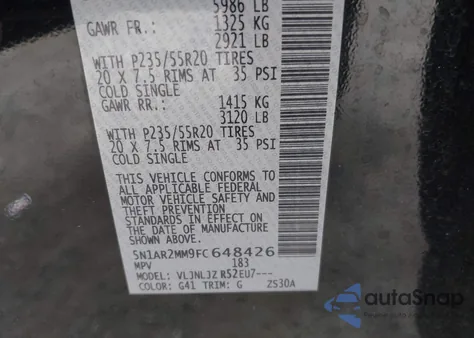2015 Nissan Pathfinder Platinum from USA, damaged, VIN 5N1AR2MM9FC648426